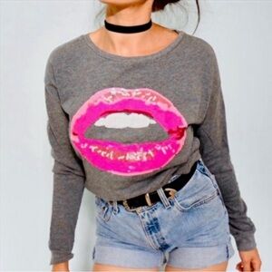 Juicy Couture Cotton Blend Gray Sequin Hot Pink Lips Loose Fit Sweater